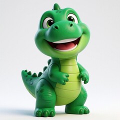 Fototapeta premium Cute green cartoon dinosaur stands with a wide joyful smile. This happy toy creature has big eyes and a friendly stance, ready for playtime adventures and learning fun.