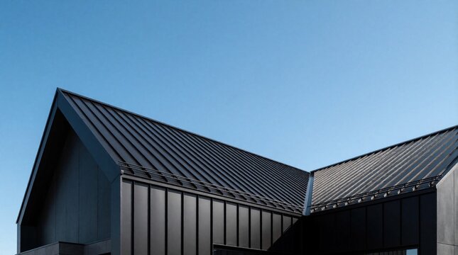 Modern black metal roof on contemporary house under clear blue sky. Sharp geometric lines, minimalist architecture create stylish exterior design. Residential building features dark steel cladding,