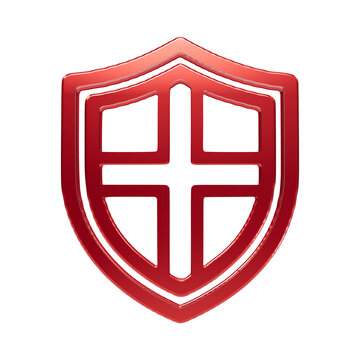 Metallic red shield with a cross symbol for security and protection on black background