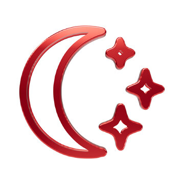 Red metallic crescent moon with three four-pointed stars on a transparent background