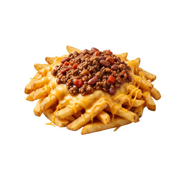 Delicious chili cheese fries topped with melted cheddar cheese isolated on transparent background