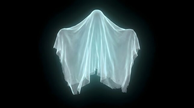 Spooky glowing sheet ghost floating in the dark night backdrop, creepy spectral phantom figure design for halloween holiday celebration