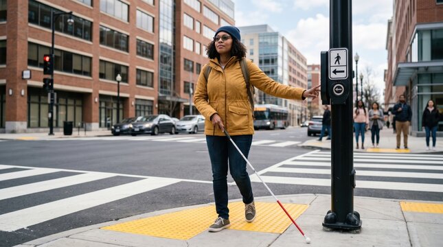 Blind Woman with White Cane Pressing Pedestrian Signal Button on City Street. Concept of visually impaired.