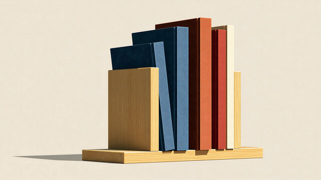 A row of colorful books standing upright on a light wooden shelf against a plain beige