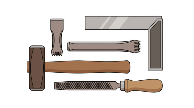 Collection of assorted carpentry and masonry tools arranged on a white background