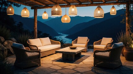 Fototapeta premium Outdoor patio furniture lounge area with sofa and chairs under woven lamps. Mountain valley view at twilight with river. Relaxing evening ambience with soft lights.