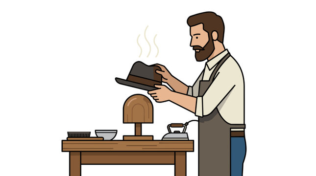 Hat maker steaming and shaping a fedora hat on a wooden block