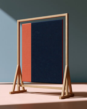 Rectangular fabric panel in a wooden frame, featuring dark blue and burnt orange color blocking