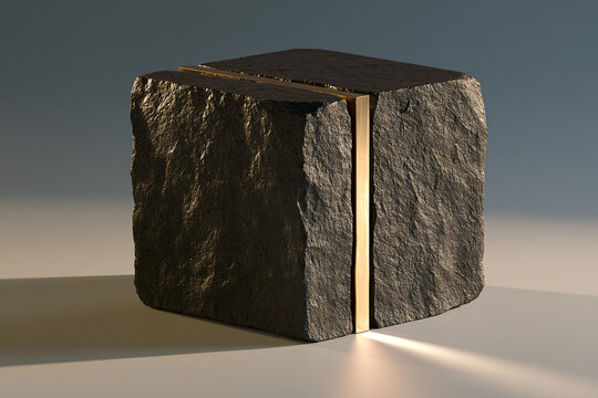 Textured stone cube with a vertical gold metallic strip and light reflection on surface