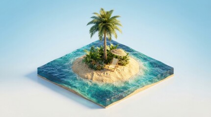 Fototapeta premium Miniature Tropical Island Paradise with Palm Tree and Beach Chair Isometric 3D Render. Concept of summer vacation. Copy space.