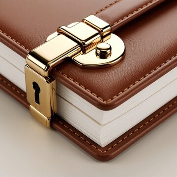 Elegant brown leather diary with gold lock clasp. Closed book suggests privacy, secrets, or important personal records. Ready for writing thoughts and plans.