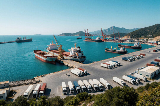 Large cargo ships docked at busy industrial seaport. Many white logistics trucks parked in terminal lot near ocean. Massive vessels load goods at maritime harbor. Coastal transport hub with cranes,