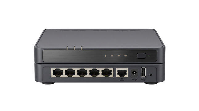 A modern gigabit network router isolated on black. Professional networking hardware, ethernet ports, and usb connection for business IT, connectivity, and internet technology.