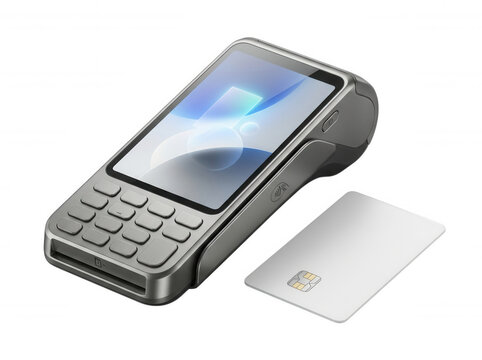 Black credit card payment terminal with blank card isolated on a transparent background