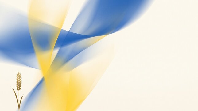 Ukraine Independence Day abstract background with flowing blue and yellow ribbons, golden wheat symbol and spacious copy space for patriotic design