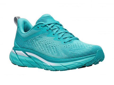 Bright turquoise running shoe with mesh upper isolated on a transparent background