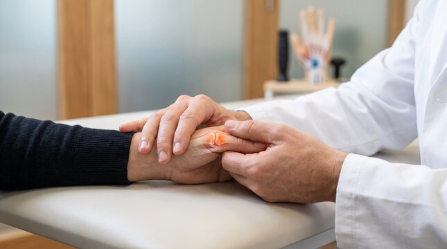 Doctor Examining Thumb CMC Joint With Anatomical Joint Overlay