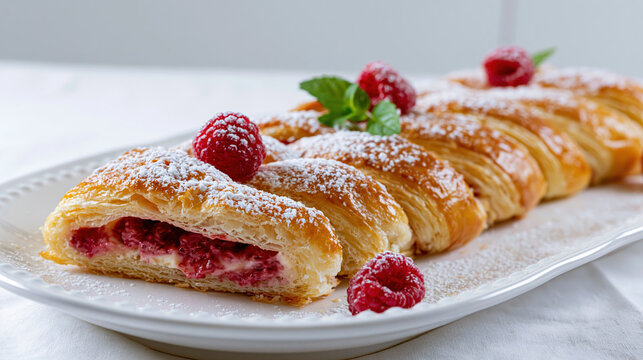 Delicate pastry filled with raspberry cream on a white plate