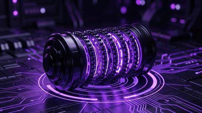 Futuristic Sci-Fi Energy Core with Purple Glow on Circuit Board