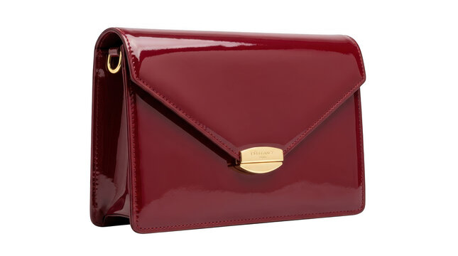 Burgundy patent leather clutch bag with gold clasp isolated on a transparent background