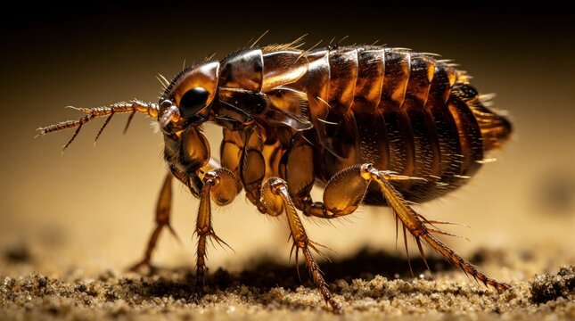 Extreme close up shows brown flea insect with segmented body and legs on sand. Detailed view reveals antennae and compound eyes of tiny parasitic arthropod.