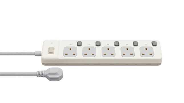 Smart power extension strip with five UK outlets and individual switches. Modern electrical equipment isolated on black background, perfect for technology and home office projects.