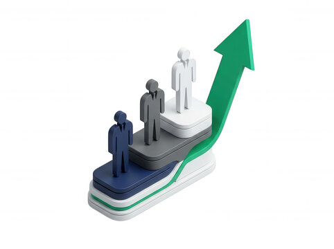 Business figures on podium with upward arrow growth isolated on a transparent background