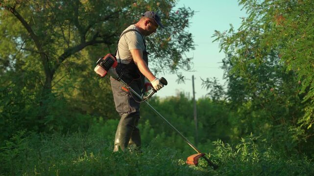Male gardener in work attire uses a string trimmer to cut grass in a lush green field surrounded by trees under bright sunlight, showcasing the progression of yard maintenance tasks