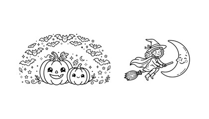 Cute Halloween Vector Illustration Set with Friendly Pumpkins Little Witch Riding Broomstick and Flying Bats Line Art for Coloring Pages
