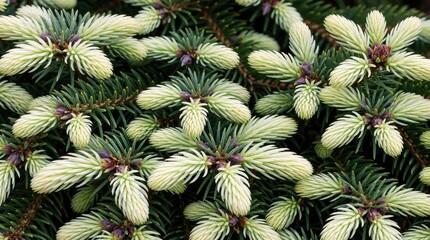 Obraz premium New light green spruce tree buds unfurl on evergreen branches. Tiny needles show purple cones on Picea glauca conica in spring. Close up macro detail.