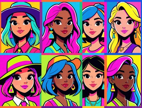 Eight diverse animated girls show vibrant hairstyles, colorful outfits arranged in grid. Bold pop art style illustration features characters with unique features suitable for digital art projects.