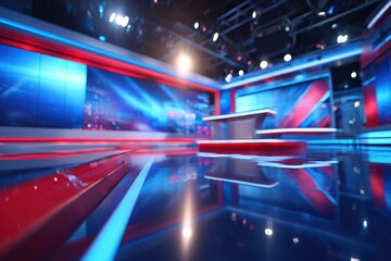 Naklejka premium Empty tv news studio with blue and red lights