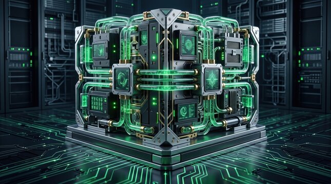 Futuristic Quantum Computer Core with Glowing Green Liquid Cooling in High-Tech Data Center