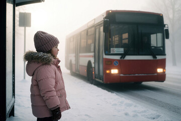 Fototapeta premium Small child in warm clothes waits at bus stop during foggy winter morning. A bus idles nearby on snowy road. The scene conveys patience and routine transit.