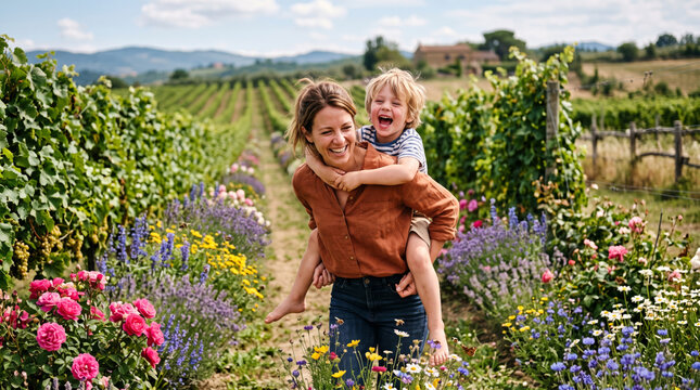 Mother and Child Enjoying a Piggyback Ride in a Vibrant Flower Field with Vineyard Background