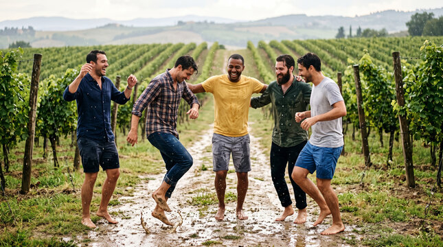 Friends joyfully dancing in the rain at a vineyard