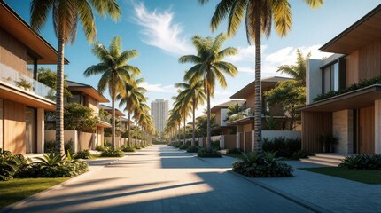 Fototapeta premium Modern houses line sunny street shaded by tall palm trees. Contemporary architecture features wood and glass. A city skyline rises in the distance.