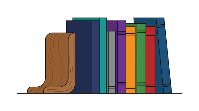 Collection of colorful books standing upright on a shelf with a wooden bookend