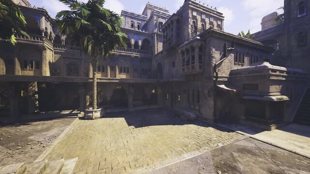 sunlit stone passage with distant arch, sweeping steps leading toward open courtyard and layered facades, warm shadows carving depth, traveler perspective