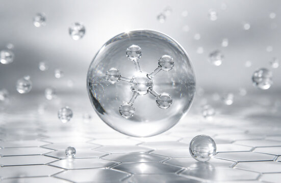 Transparent water bubble enclosing molecule structure, silver glowing background, science collagen hydration concept, cosmetic research, 3D serum sphere stock photo