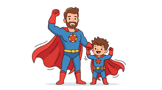Father and Son Superheroes Celebrating Victory Together