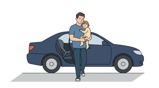 Father carrying crying baby out of car after travel or outing
