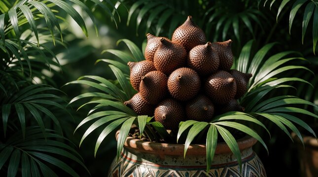 Spiky salak fruit cluster grows in decorative pot amidst rich green palm leaves. Exotic tropical plant detail, brown fruit bunch healthy snack, nature garden background.