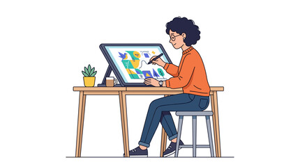 Fototapeta premium Artist creating digital art on a tablet with a stylus at a wooden desk
