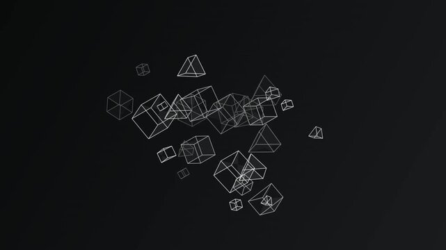 Monochrome wireframe 3D cubes floating and rotating on black background