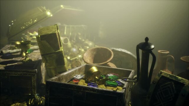 gold coins and jewels spill from chest, sunlit stilllife of goblets, ingots and ornate relics warm haze, dust motes, patina detail and intricate metalwork
