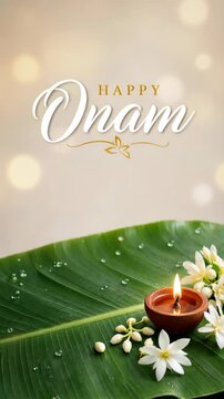 Happy onam greeting above a banana leaf with a glowing clay diya plus fresh jasmine flowers, kerala harvest festival, warm ceremonial glow, south indian heritage, festive floral decoration
