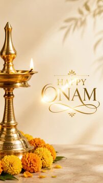 Happy onam greeting beside a tall brass nilavilakku plus marigold flowers on a cream background, kerala harvest festival, traditional oil lamp ritual, festive floral decoration, warm light