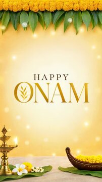 Happy onam greeting beneath mango leaves with a brass oil lamp plus festive decor on a warm background, traditional oil lamp ritual, warm ceremonial glow, south indian heritage, warm light