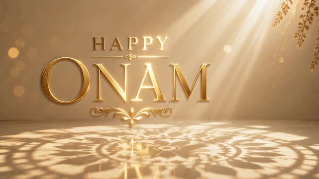 Gold happy onam lettering above an ornamental floor shadow on a softly lit cream background, kerala harvest festival, warm golden background, decorative copy space, family celebration card